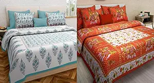 ART WORLD Queen Size Double Bed Sheet with Pillow Covers Pure Cotton Rajasthani Jaipuri Traditional Printed Bedcover Set of 2 (Orange and Sea Green)