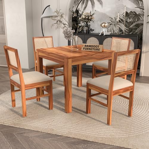 Image of Solid Wood Cane 4 Seater Dining Table Set | Four Seater Dining Table with 4 Cushions Chairs for Dining Room | 4 Seater Dining Set for Hotel Restaurant | Sheesham, E-Honey