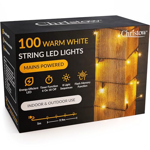 CHRISTOW Christmas Fairy Lights, Warm White LED String Lighting with Timer, Indoor & Outdoor, Tree Lights, Mains Operated, 8 Light Modes Flashing & Static, Green Cable (100 LED / 10m Lit Length)