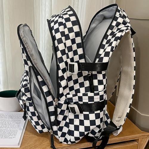 Checkered Backpack with Kawaii Pendant for Women, Checkerboard Aesthetic Bookbag for Teens, Nylon Rucksack, Daypack Bag4