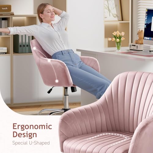 Image of AZAKEE Velvet Office Chair with Wheels & Armrests - Mid-Back Swivel Desk Chair for Home Office, Study, Bedroom & Vanity - Adjustable Height, Comfortable & Stylish (Pink)