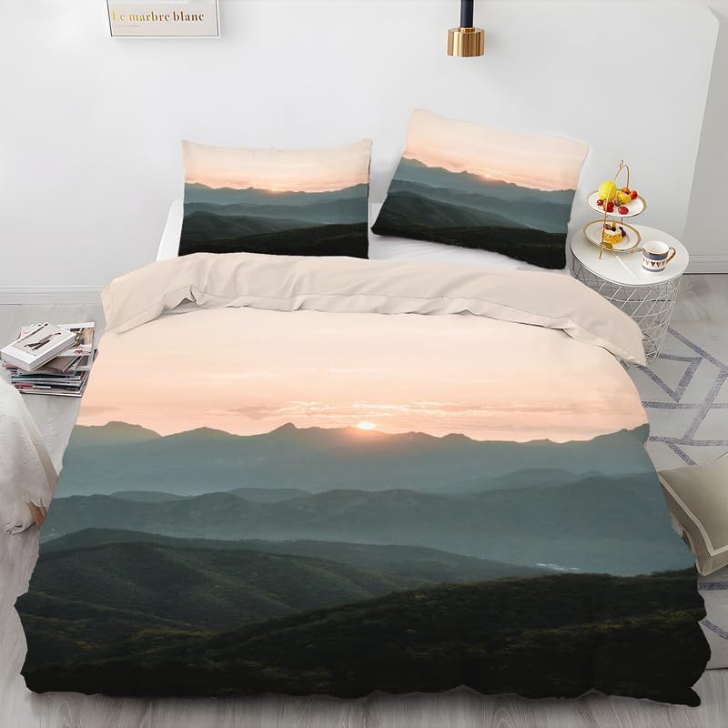 Juego de funda de edredón marrón tamaño individual, juego de ropa de cama individual con estampado de puesta de sol, funda de edredón de microfibra
