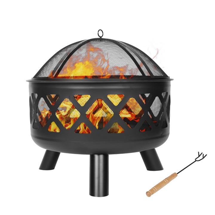 Red Mountain Valley 24'' Outdoor Wood Burning Fire Pit with Spark Screen, Fire Poker, Cover, 2-in-1 Functionality Cross-Woven Steel Fire Pits for Outside, Outdoor Fireplace for Camping,Patio,Backyard