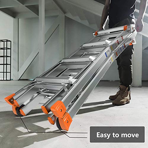 Telescoping Ladder TACKLIFE, 17ft Aluminum Multi-Use Ladder with Protective Lock and 2 Wheels, 300lb Max Duty and Non-Slip Foot Pad, 5 Height Modes, Suitable for Home/Working