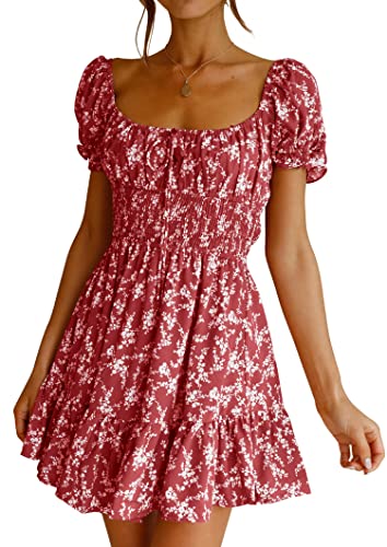 Image of Imily Bela Womens Summer Dress Ruffle Sleeve Sqaure Neck Smocked Sun Dress Casual Boho Beach Floral Mini Dress