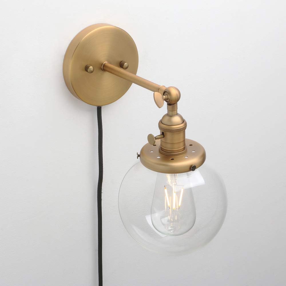 PERMO Plug in Sconce On/Off Switch Wall Sconce with 5.9" Round Globe Clear Glass Shade Vintage Industrial 1-Light Wall lamp Light Fixture (Antique Gold)
