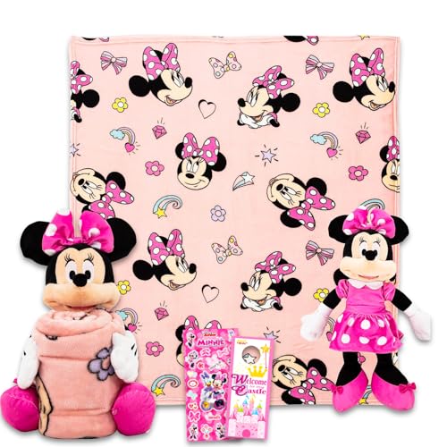 Disney Minnie Mouse Throw Blanket and Character Pillow - Bundle with Blanket Hugger Character Stickers More | Minnie 40x50 Throw for Kids & Teens