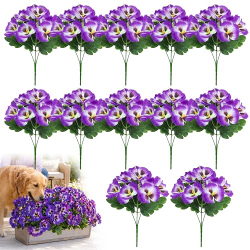 Set de 12 Ramos Flores Plantas Artificiales Pensamiento Realista Tela de Seda Vistosas Tallos Flexibles Resistente Rayos UV y Clima Decoración Exterior Interior Jardín Balcón Macetas Cestas Colgantes