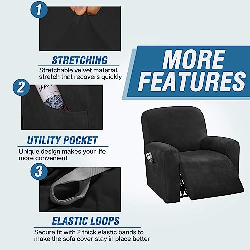 LINGKY 4-Pieces Recliner Chair Covers Velvet Stretch Armchair Covers With Side Pocket Thick Soft Washable Recliner Sofa Covers 1 Seater Replacement Furniture Protector (Armchair - Image 4