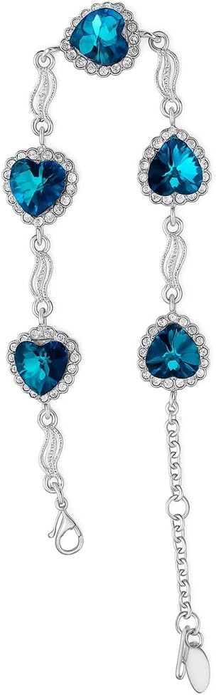 Blue Heart Crystal Bracelet for Women, 18K White Gold Plated Sparkling Sapphire Color Birthstone Link Bracelet, Adjustable "Something Blue" Jewelry Gift for Wedding, Anniversary (7.5"-8.5") B63 - Image 5