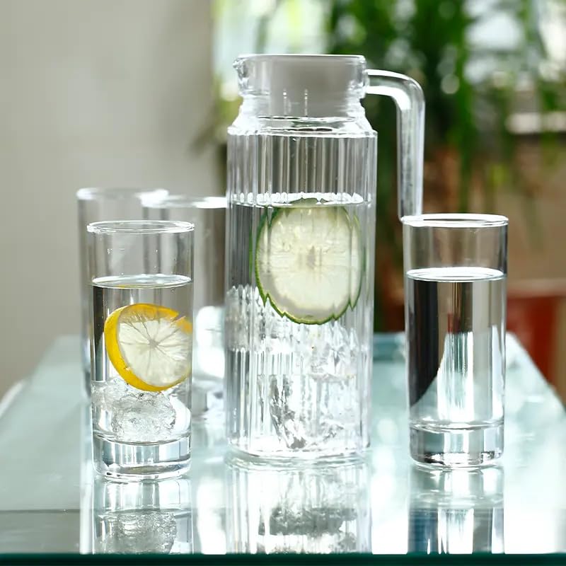 Image of Wringo Premium 7pc Crystal Water Jug with Glass Set and Jug Set Combo,Freezer Safe and Dishwasher Safe (6 Pieces Glasses 200ML and 1 Water Juice Jug 1 Liter), Transparent, Glass and Jug Set (WS-16)