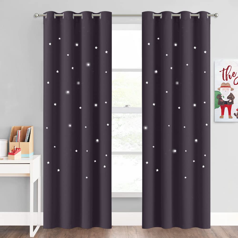 NICETOWN Kids Blackout Curtains for Boys Bedroom, Grommet Thermal Insulated Star Cutout Room Darkening Curtains for Living Room, Set of 2 Panels, 52 x 84 Inch, Greyish Purple