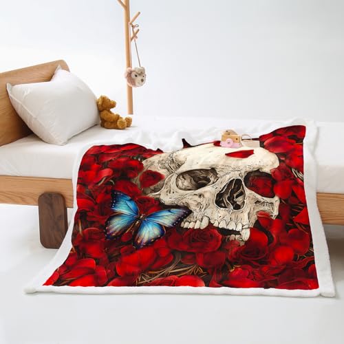 Plaid Cama Cráneo De Mariposa Colcha Plaid Sofa Diseño de Doble Cara Cubre Colcha Multiusos para Sofas Suave Manta Termica Blanket Lana de Cordero de Franela Espesar Durable 80x150cm