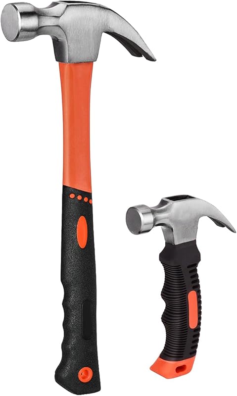 2 Piece Hammer Set,Soft Nonslip Handle & Heat Treated Head | Includes 1 Pack 8OZ Mini Stubby Claw Hammer & 1 Pack 16OZ Fiberglass General Purpose Claw Hammer,for House Repairs