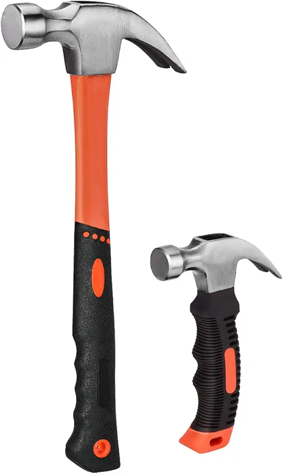 2 Piece Hammer Set,includes 1 Pack 8 OZ Mini Stubby Claw Hammer and 1 Pack 16 OZ Fiberglass General Purpose Claw Hammer,Soft Nonslip Handle &amp; Heat Treated Head,Heavier for Higher Hardness