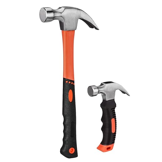 ZUZUAN 2 Piece Hammer Set,includes 1 Pack 8 OZ Mini Stubby Claw Hammer and 1 Pack 16 OZ Fiberglass General Purpose Claw Hammer,Soft Nonslip Handle & Heat Treated Head,Heavier for Higher Hardness