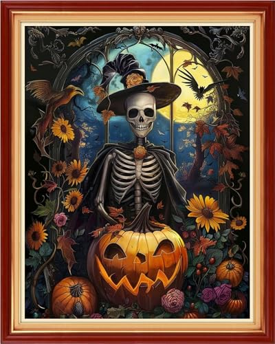 Image of Funchey Stamped Cross Stitch Kits, DIY Cross Stitch Pattern for Adults Beginners Needlepoint Kits Embroidery Kit Arts and Crafts 11CT-Skeleton Moon 16x20 inchs