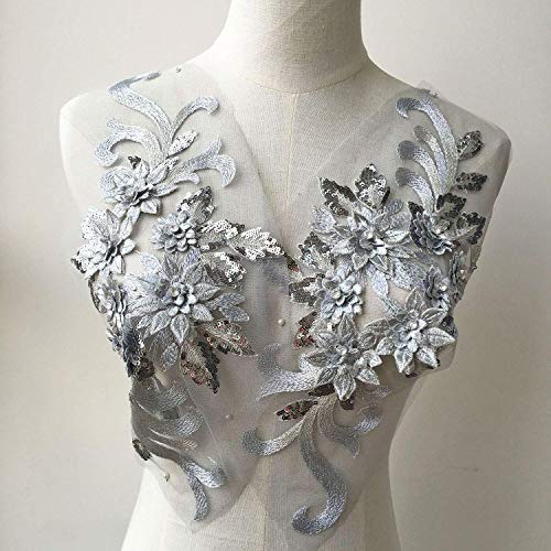 Silver Grey Crystal Flower Applique Embroideried Floral Sequins Details Motif For Ballet Dance Costumes Prom Dress Evening Gown #TOP6