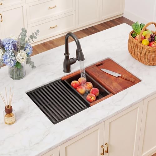 Lonsince Black Undermount Kitchen Sink 33 inch,16 Gauge Stainless Steel Sinks,Single Bowl Workstation Sink,Modern Kitchen Sink Offset Drain (33" X 18") by Lonsince - Used condition - Image 3