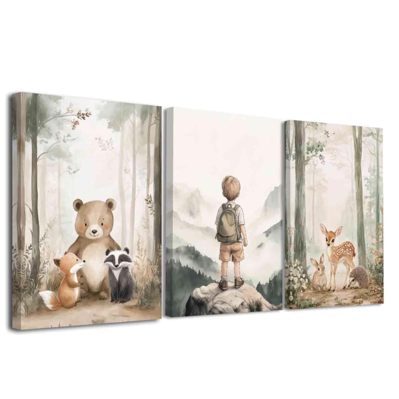 ZXHYWYM 3 Pcs Adventure Nursery Wall Art Woodland Animal Picture Wall Decor Watercolor Mountain Poster Boy Girl Artwork Foggy Forest Canvas Prints Kids Room (Beige, (60x90cmx3 Pieces))