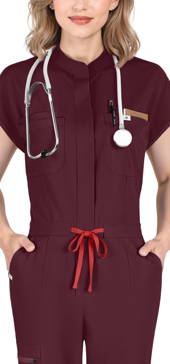 Scrub Jumpsuit for Women - Stand-Up Collar One Piece Scrubs, 7 Pockets Comfortable Scrubs Set for Nurses & Doctors