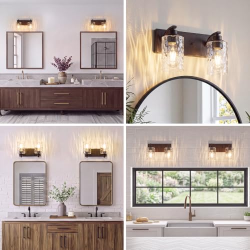 Image of 2-Light Bathroom Light Fixtures Modern ORB Vanity Lights | Easy to Install Clear Hammered Glass Shades, Rippled Glow, Wall Mount Up or Down, E26 Socket, Hardwired, 120V