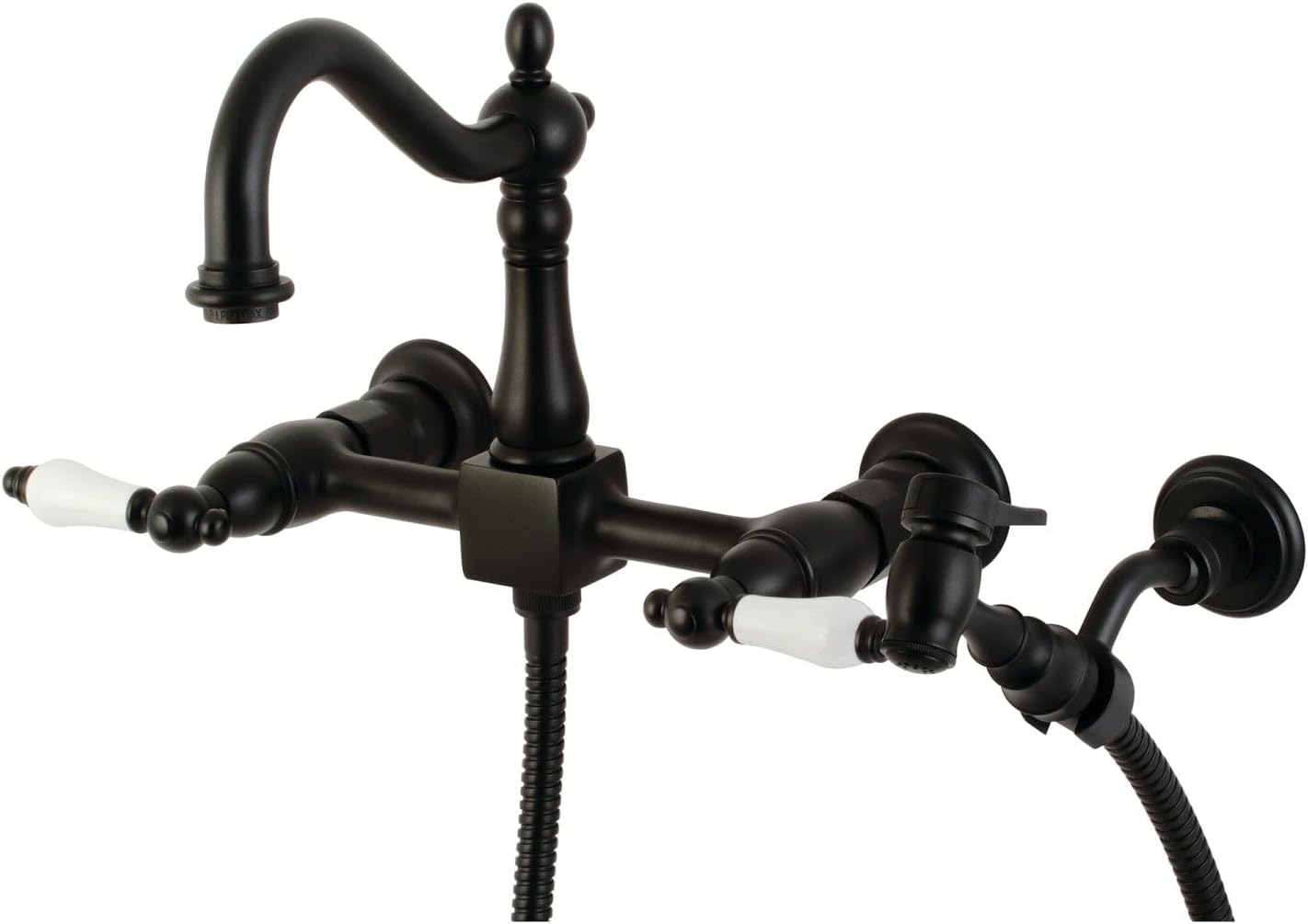 Kingston Brass KS1260PLBS Heritage Wall Mount Bridge Kitchen Faucet with Brass Sprayer, Matte Black