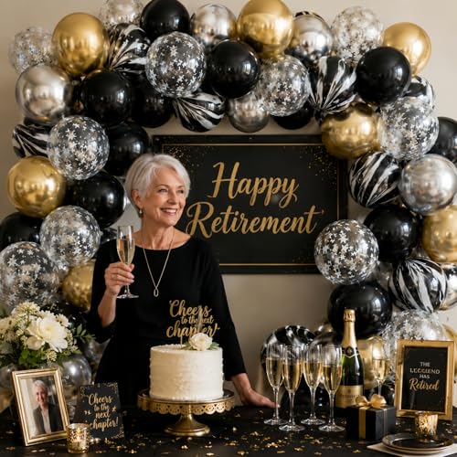 Image of Black Gold Silver Balloon Set, 12 Inch Marble Black and Metallic Chrome Gold Silver with Clear Star Print Grad Latex Balloons for Boy Girls Birthday Party Graduation Retirement Baby Shower Decorations