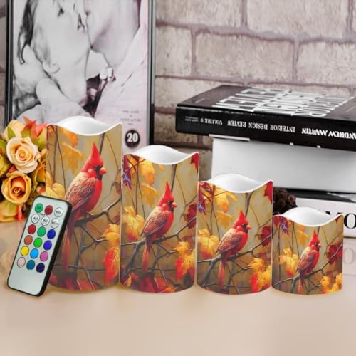 Image of Autumn Cardinal Color Changing Flameless LED Candles Set of 4 | Fall Maple, Battery Operated Fake Candles with Remote Control, Flickering Flame Home Holiday Party Centerpiece Decor