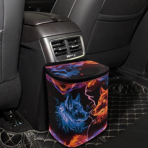 Image of DISNIMO Blue Flame Wolf Car Trash Can, Car Trash Bag Hanging Large Capacity Car Organizer and Storage with Adjustable Straps, Leakproof Trash Bin Interior Car Stuff Storage