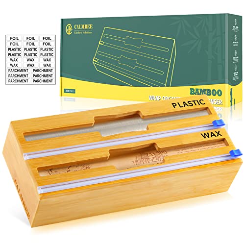 parchment dispenser - Calmbee Foil and Plastic Wrap Organizer, 2 in 1 Plastic Wrap Dispenser with Cutter, Plastic Wrap, Aluminum Foil, Parchment, Wax Paper Dispenser for Drawer, Bamboo Roll Organizer Holder, Fits 12