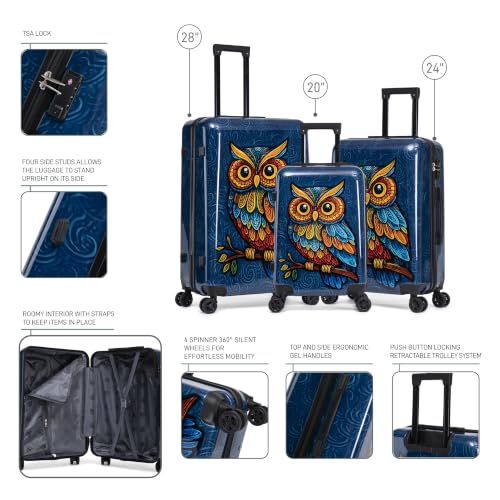 Image of InUSA Owl Print 3 Piece Hardside Spinner Luggage Set 20 /24 /28in. TSA Lock
