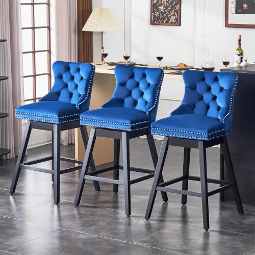 Image of Blue Swivel Bar Stools, Velvet Counter Height Bar Stools Set of 3 | 360 Swivel Bar Chairs, Solid Wood Legs, Upholstered Kitchen Island Stools, Modern Extra Wide Seat (Blue, 30 inch H, 3 Pack)