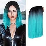 HANNE Ombre Black to Teal Blue Wig Short Straight Hair Blue Bob Wigs for Women Bluish Green Wig Shoulder Length Navy Blue Bob Wig for Daily and Christmas Party Wig (Teal Blue Wig)