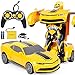 HEBXMF Telecomando a Un Pulsante Trasformatori Modello di Auto Giocattolo Bumblebee Robot Rotazione a 360 ° Deriva 2.4G RC Deformazione Autobot Bambini Ragazzi Compleanno Festa di Natale Regalo