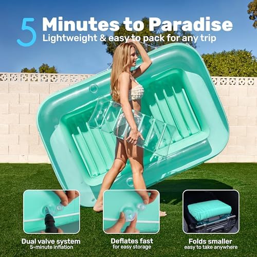 SLOOSH Inflatable Tanning Pool Lounger Float, 70" x 46" Pool Floats Adult with Pillow, 4 in 1 Suntan Tub Raft Floatie,Sunbathing Bed Lounge for Water Blow Up Kids Ball Pit Party Gifts, L-Cyan - 5