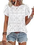 OFEEFAN Blouses for Women Dressy Casual Boho Short Sleeve Shirts Crochet Lace Spring Fashion Summer Outfits Travel Vacation Business Work Clothes White XL