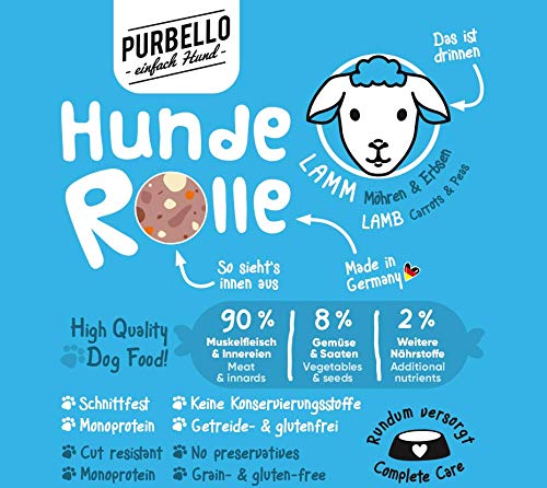 PURBELLO Hunde-Rolle Nassfutter Mix-Paket I - 3 x Pferd, 3 x Ziege, 2 x Lamm - Monoprotein Hundefutter mit hohem Fleischanteil - Hundewurst schnittfest und getreidefrei (8 x 400g)