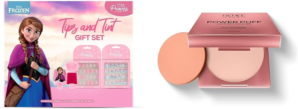 RENEEPrincess by Tips & Tint Beauty Gift Set For Preteens Popsicle Lip Balm- Anna PRO Power Puff Compact Powder - Wonder, Helps Control Excess Oil & Shine, 9 Gm