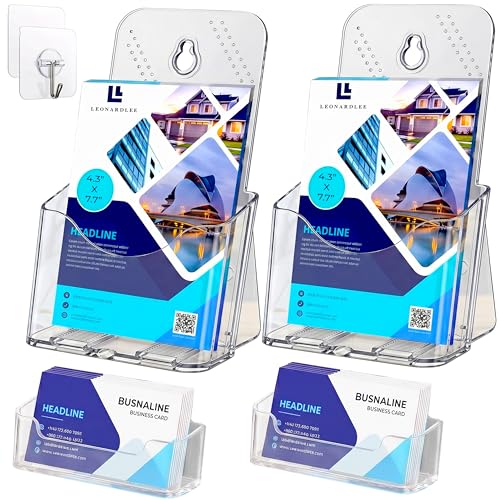 Brochure Holder 9x4 inch Set of 2 with Card Holder & Hooks, Acrylic Plastic Literature Holders, Clear Flyer Holder for Magazine, Pamphlet, Booklet Display Stand Trifold Holder, Desk or Wall Mount