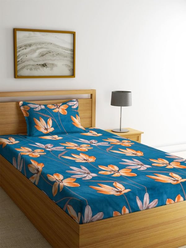 Image of la' amour Cotton Printed 160 tc Flat Single Bedsheets for Summer with Pillow Cover Breathable | Wrinklefree (Size-60 X 90 Inch) Floral, Midnight Teal Checks