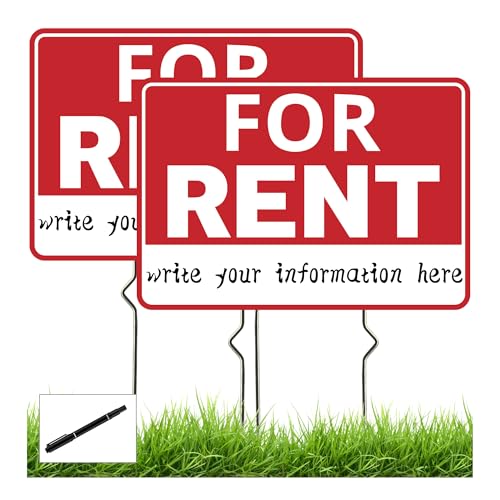 2 Pack For Rent Signs For Rent Sign with Metal Stake For Rent Yard Sign - 17 x 12 Inches Double Sided Corrugated Plastic For Rent Signs (Red)