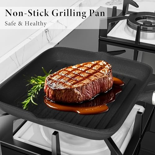 Griddle Pan 22cm/8.7" Cast Iron Grill Pan, Stripes Frying Steak Pan with Pour Spouts Suitable for All Hobs & Induction for Breakfast Home Kitchen Party Gathering - Image 3