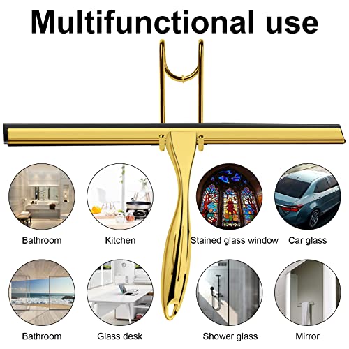 Shower Squeegee Stainless Steel With Shower Door Hook And Adhesive Hook Glass Squeegee Bathroom For Doors, Bathroom, Windows, Kitchen, Mirror With Spare Silicone Blade 2 Hooks (14 Inch, Gold) #TOP2
