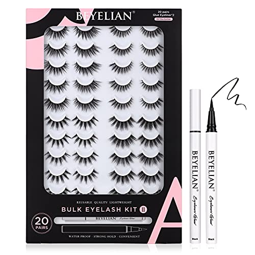 BEYELIAN False Eyelashes with Eyeliner Glue Pen, Natural Faux Mink Fake Lashes, 20 Pairs Various Styles Wispy Fluffy Lashes Pack EY007