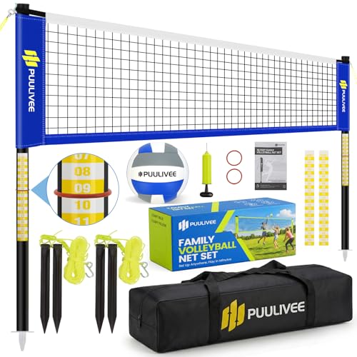 32ft/16ft Outdoor Volleyball Net Set for Backyard Beach Grass All-Weather & Easy Setup with 4 Height Adjustable Poles Anti-Sag Net Volleyball Portable Carry Bag Present Box