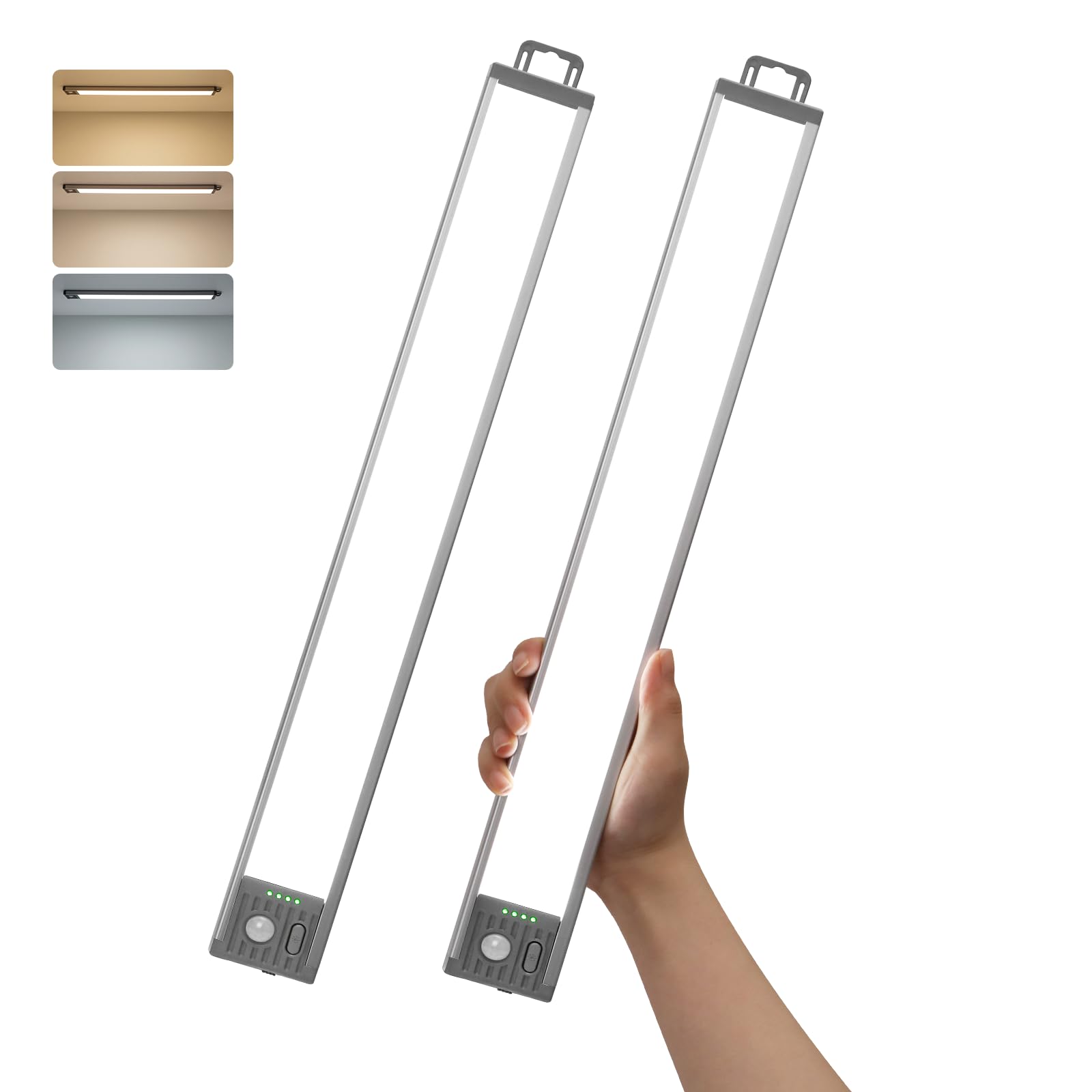 GOODEA 44.5CM Unterbauleuchte Küche LED Schrankbeleuchtung - 4500mAh Akku Bewegungsmelder Licht - 3 Farbten Dimmbar Unterschrank Beleuchtung Magnetisch LED Leiste für Küchen Schrank Büro RV [2er Set]