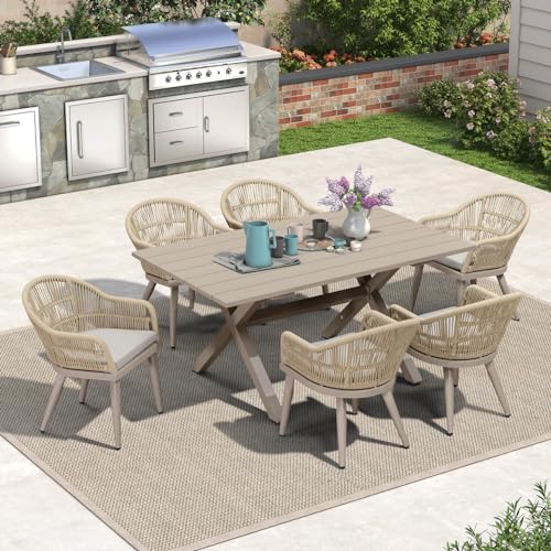Image of PURPLE LEAF 7 Pieces Patio Dining Set with Outdoor Aluminium Dining Table and Woven Rattan Chairs Modern Metal Furniture Cushions Sets for Garden Yard Indoor Decor Kitchen Champagne