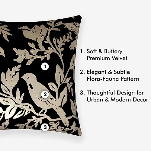 Image of Birds Designer Velvet Cushion Cover | Decorative Cushion Cover | Modern & Trendy | for Sofa Chair Bedroom | Set of 1 (16 x 16 Inch, Black & Biege)