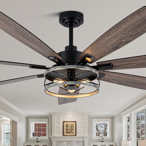 Image of 72 Inch Farmhouse Ceiling Fan with Lights Large Rustic Ceiling Fan Wood Caged Fandelier Chandelier Light for Indoor Outdoor, 7 Dual Blades 3 E26 Bulbs, Reversible Quiet DC Motor 6 Speeds